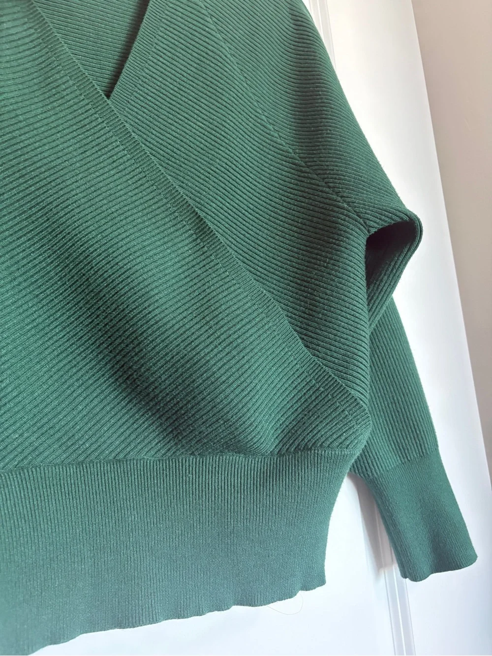 Lush Dark Green Ribbed Wrap V-Neck Sweater